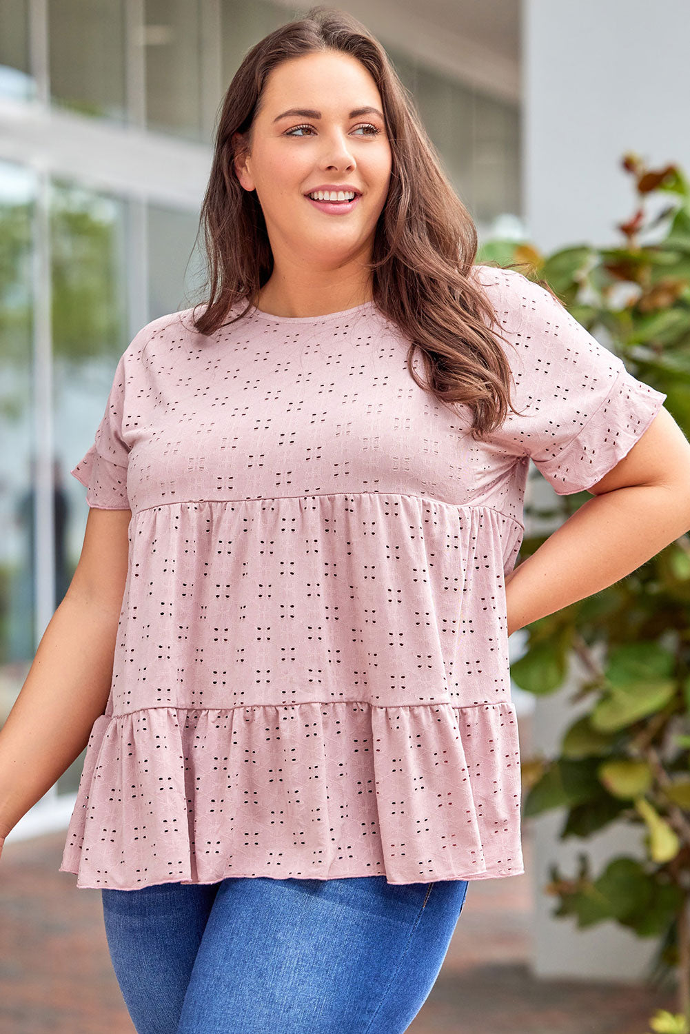 Plus Size Eyelet Round Neck Short Sleeve Blouse - UrbanEthereal