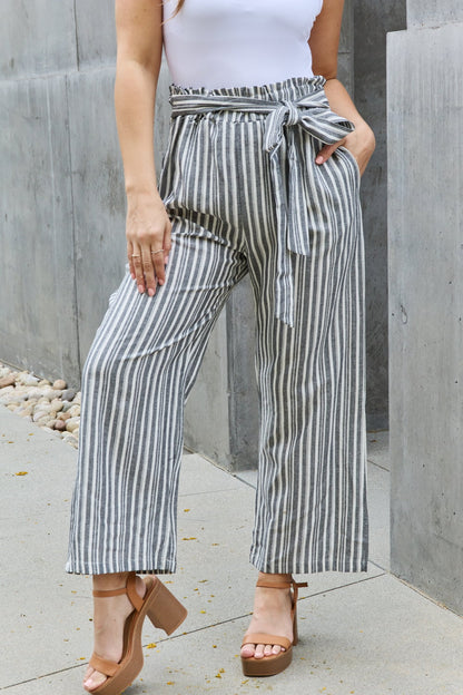 Heimish Find Your Path Full Size Paperbag Waist Striped Culotte Pants - UrbanEthereal