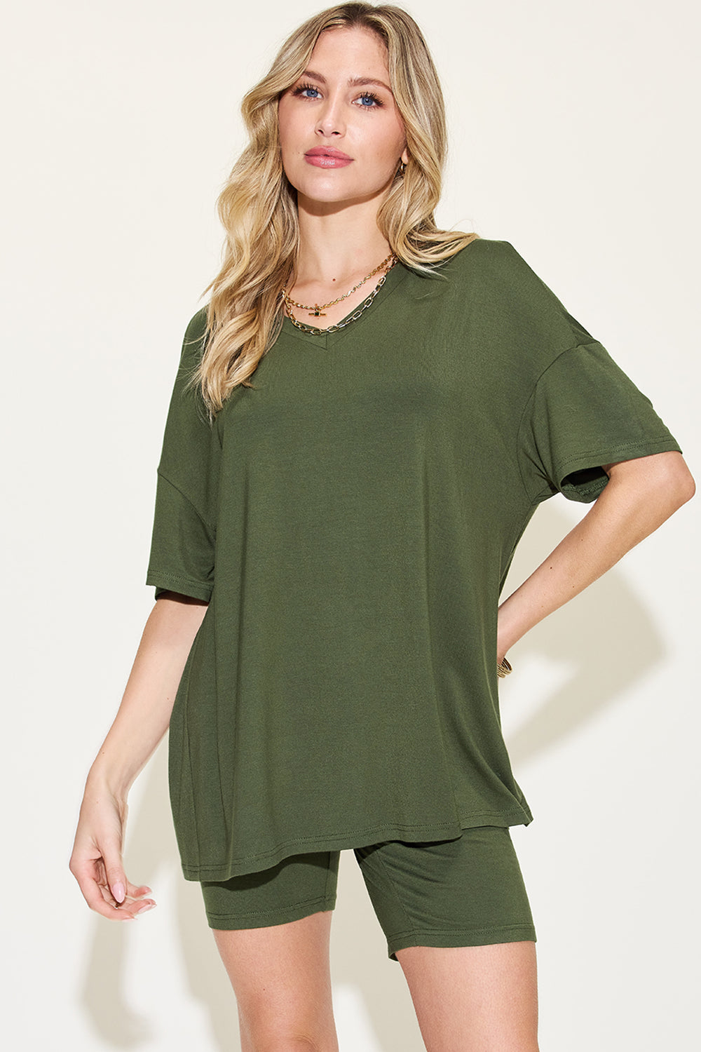 Basic Bae Full Size V-Neck Drop Shoulder T-Shirt and Shorts Set - UrbanEthereal