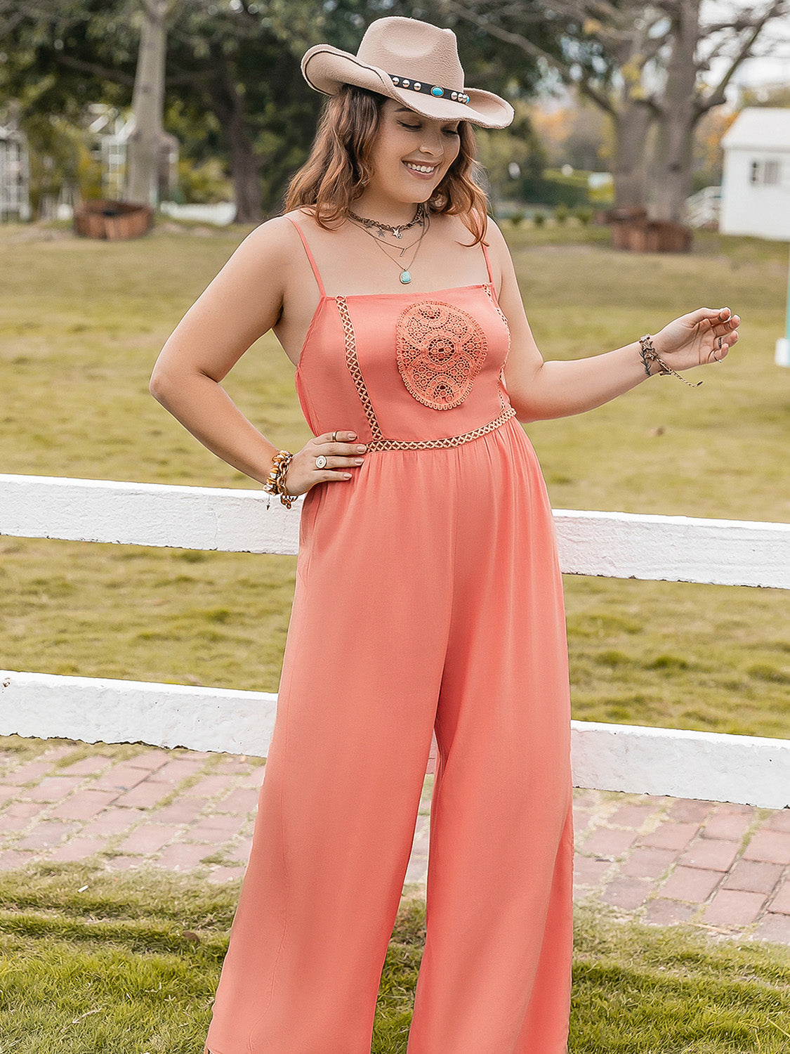 Plus Size Lace Detail Spaghetti Strap Wide Leg Jumpsuit - UrbanEthereal