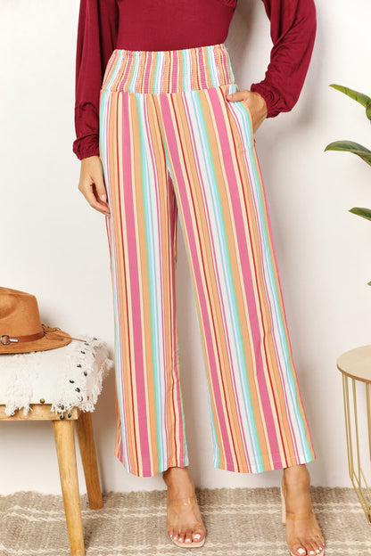 Double Take Striped Smocked Waist Pants with Pockets - UrbanEthereal