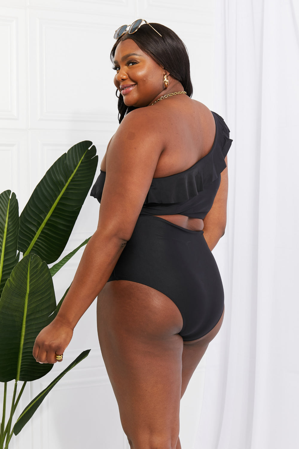 Marina West Swim Seaside Romance Ruffle One-Shoulder Bikini in Black - UrbanEthereal