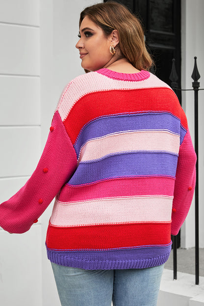 Plus Size Color Block Pom-Pom Trim Sweater - UrbanEthereal