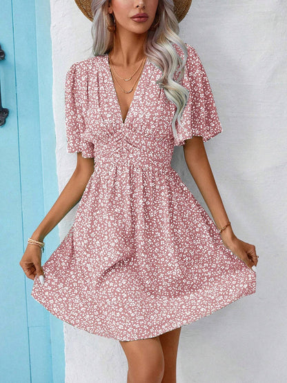 Printed V-Neck Half Sleeve Mini Dress - UrbanEthereal