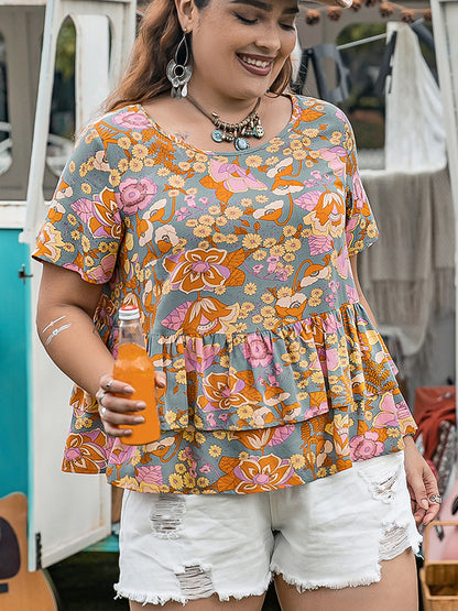 Plus Size Layered Printed Round Neck Short Sleeve Blouse - UrbanEthereal