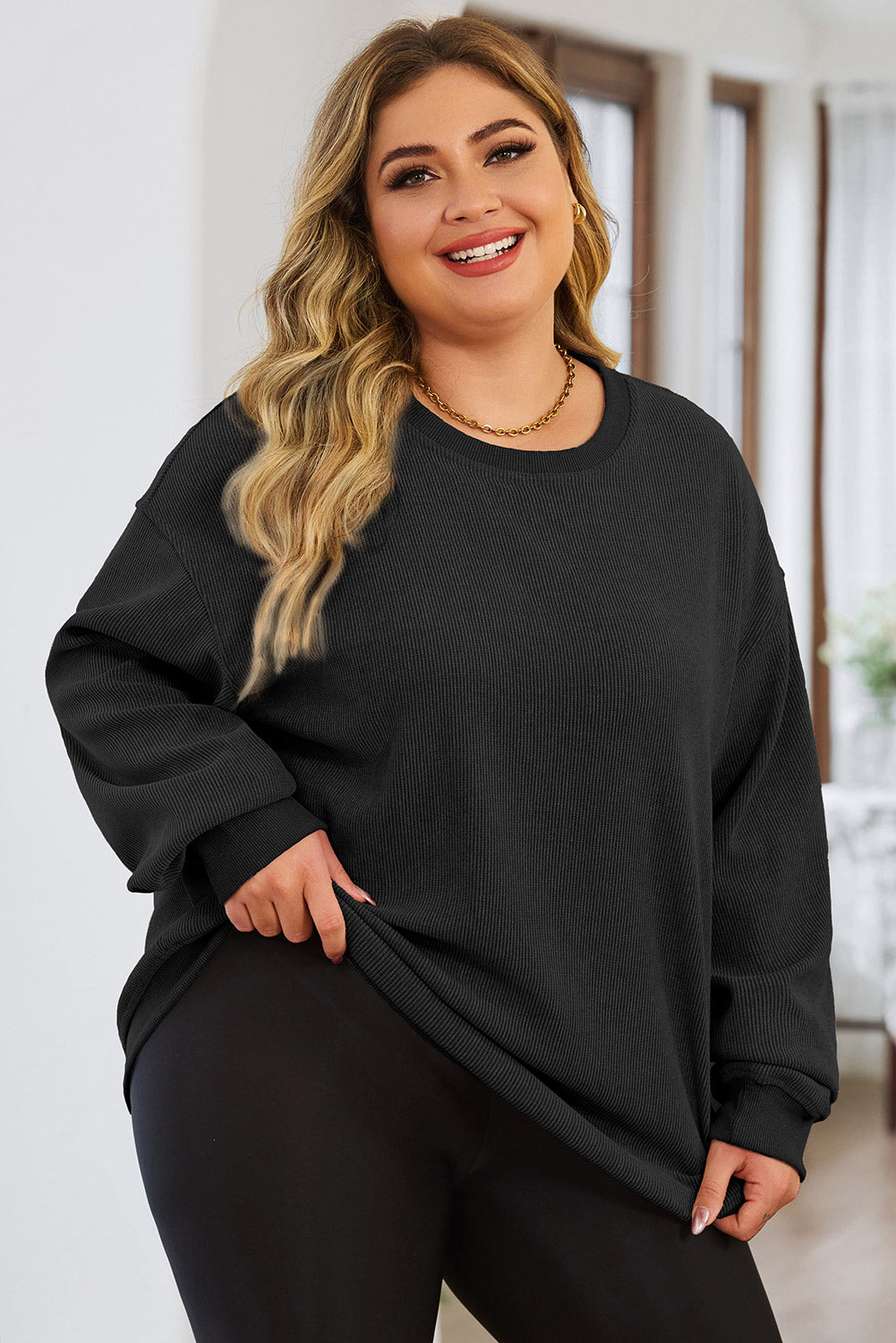 Plus Size Round Neck Dropped Shoulder Sweatshirt - UrbanEthereal