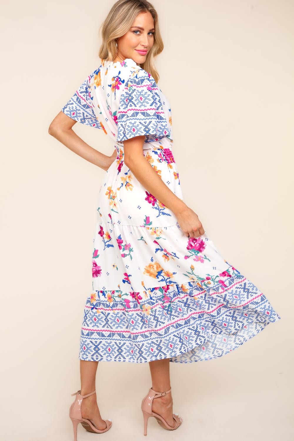 Haptics Printed Notched Short Sleeve Tiered Dress - UrbanEthereal