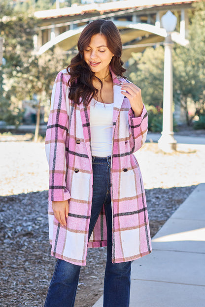 Double Take Full Size Plaid Button Up Lapel Collar Coat - UrbanEthereal