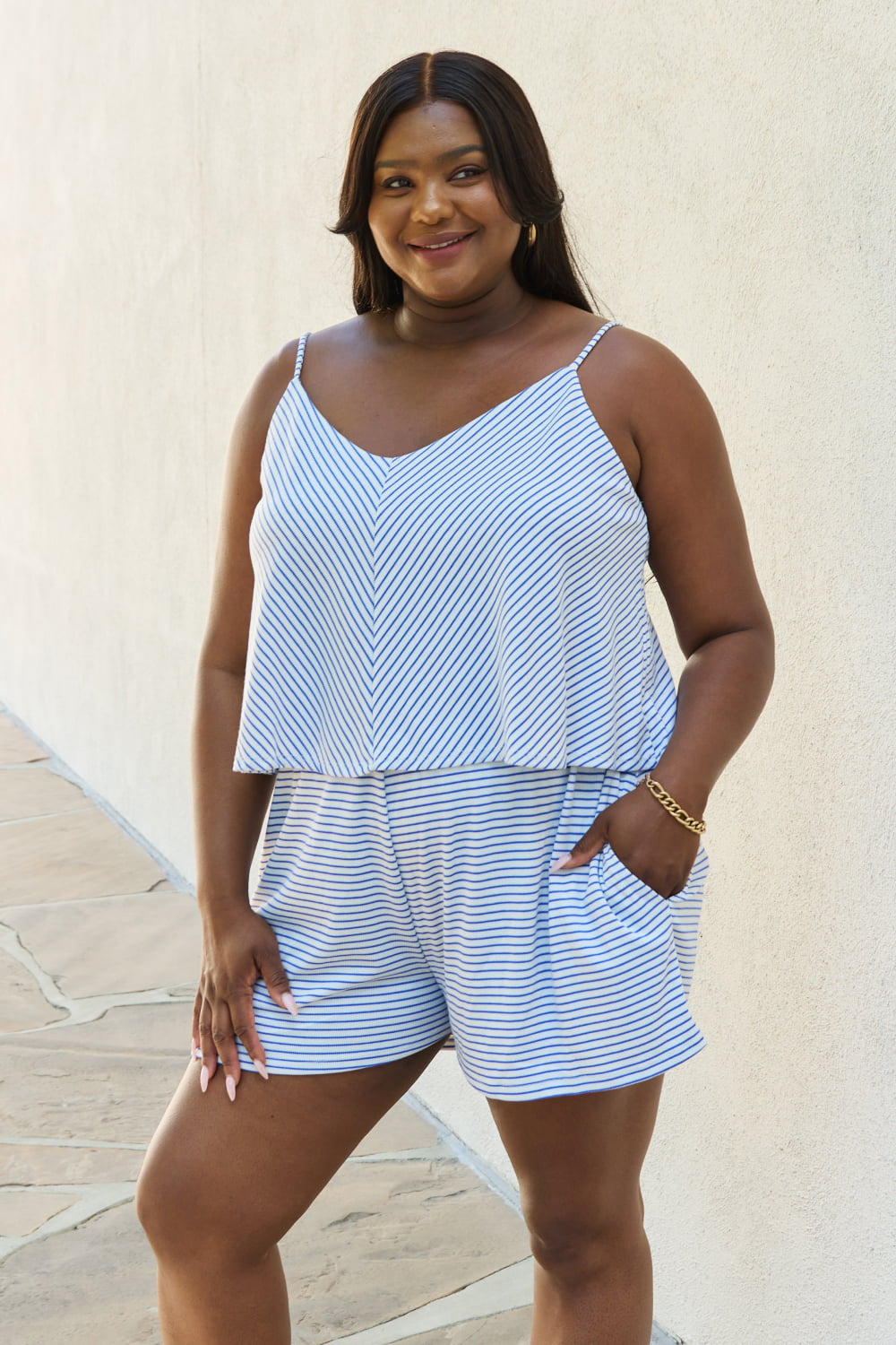 Culture Code Let It Happen Full Size Double Flare Striped Romper in Cobalt Blue - UrbanEthereal