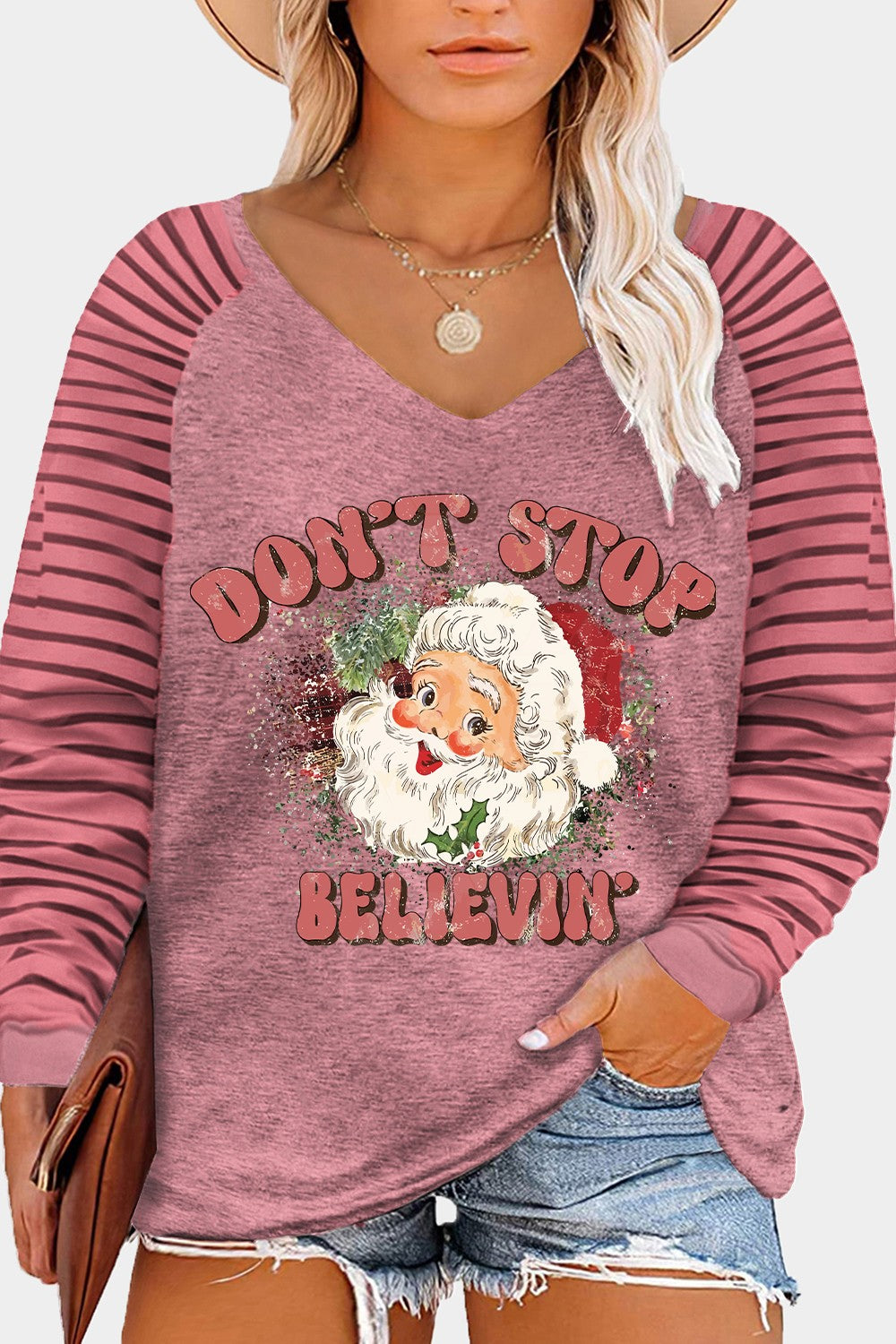 Plus Size DON'T STOP BELIEVIN Striped Long Sleeve T-Shirt - UrbanEthereal