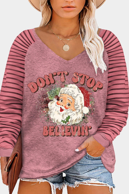 Plus Size DON'T STOP BELIEVIN Striped Long Sleeve T-Shirt - UrbanEthereal