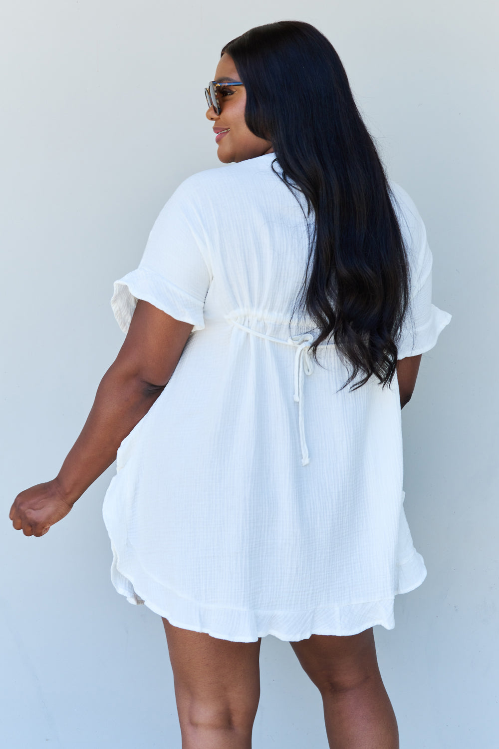 Ninexis Out Of Time Full Size Ruffle Hem Dress with Drawstring Waistband in White - UrbanEthereal