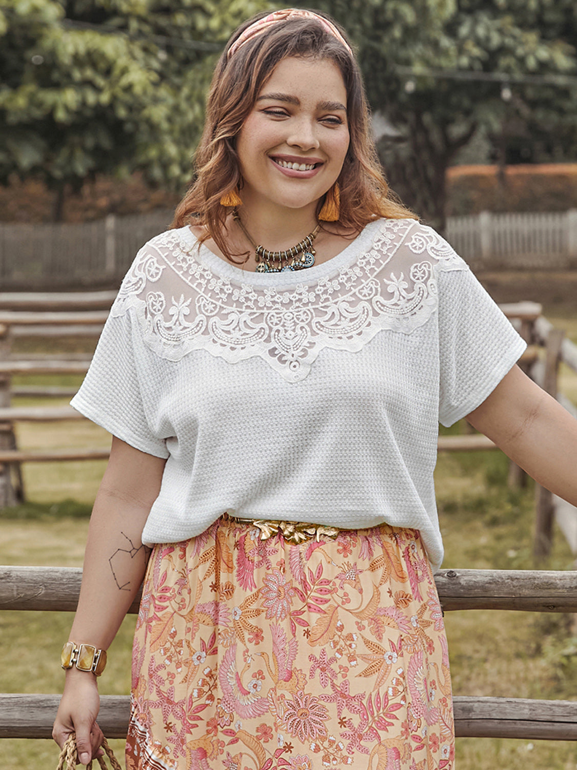 Plus Size Lace Detail Round Neck Short Sleeve Top - UrbanEthereal