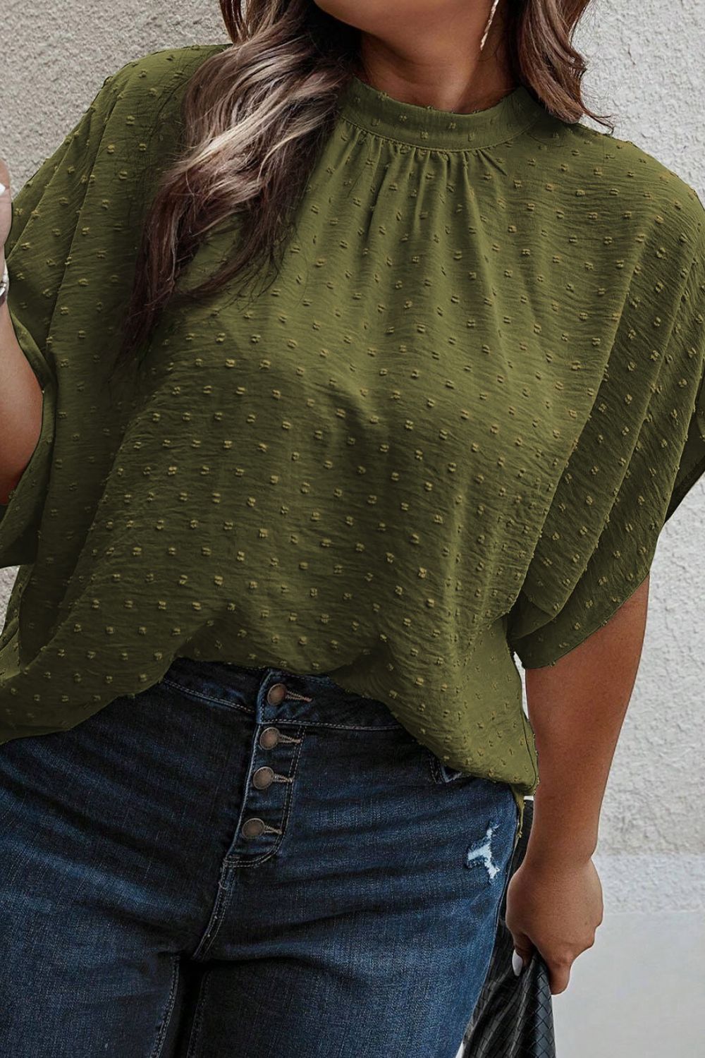 Plus Size Swiss Dot Tied Mock Neck Blouse - UrbanEthereal