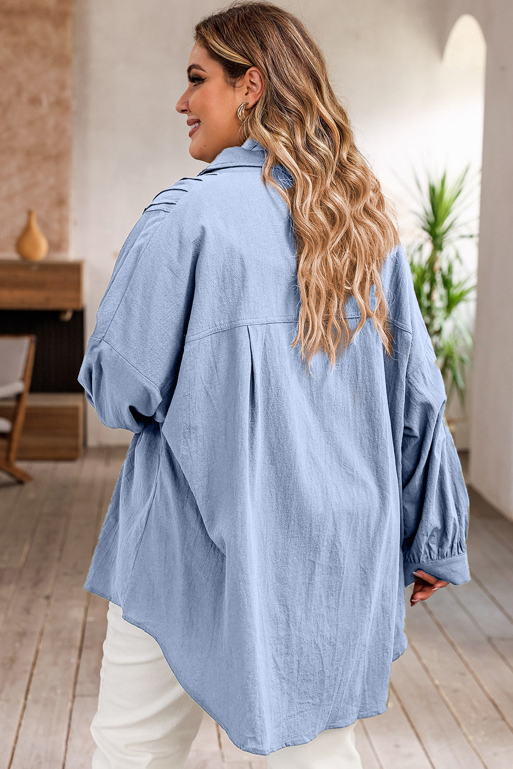 Plus Size High-Low Button Up Dropped Shoulder Shirt - UrbanEthereal