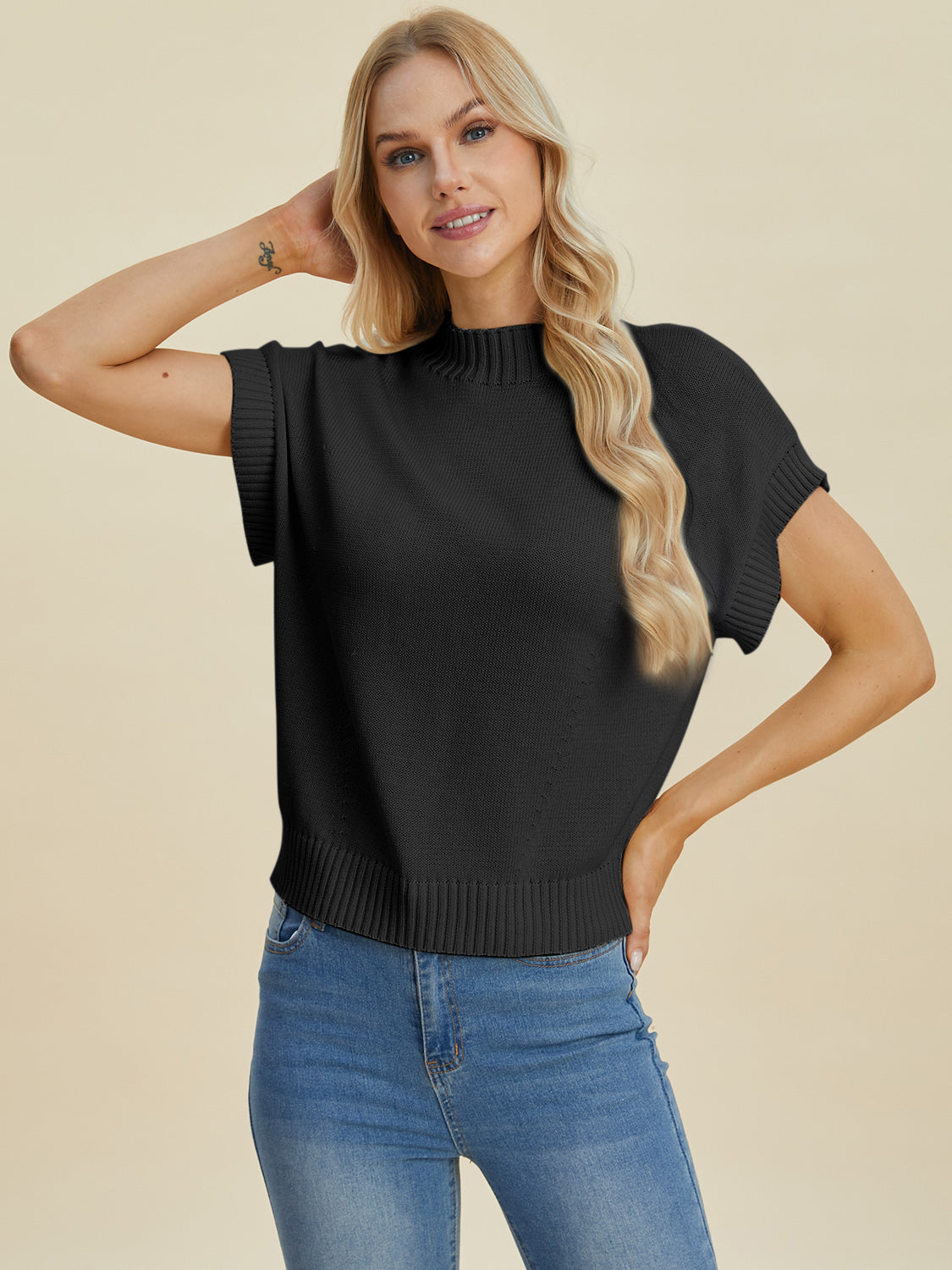 Double Take Full Size Mock Neck Short Sleeve Sweater - UrbanEthereal