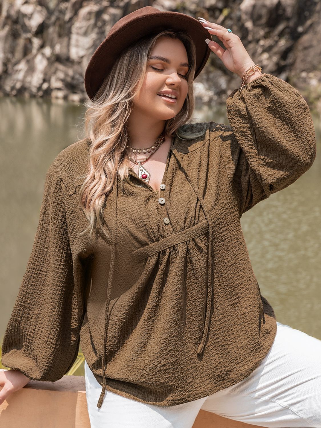 Plus Size Tie Neck Long Sleeve Blouse - UrbanEthereal