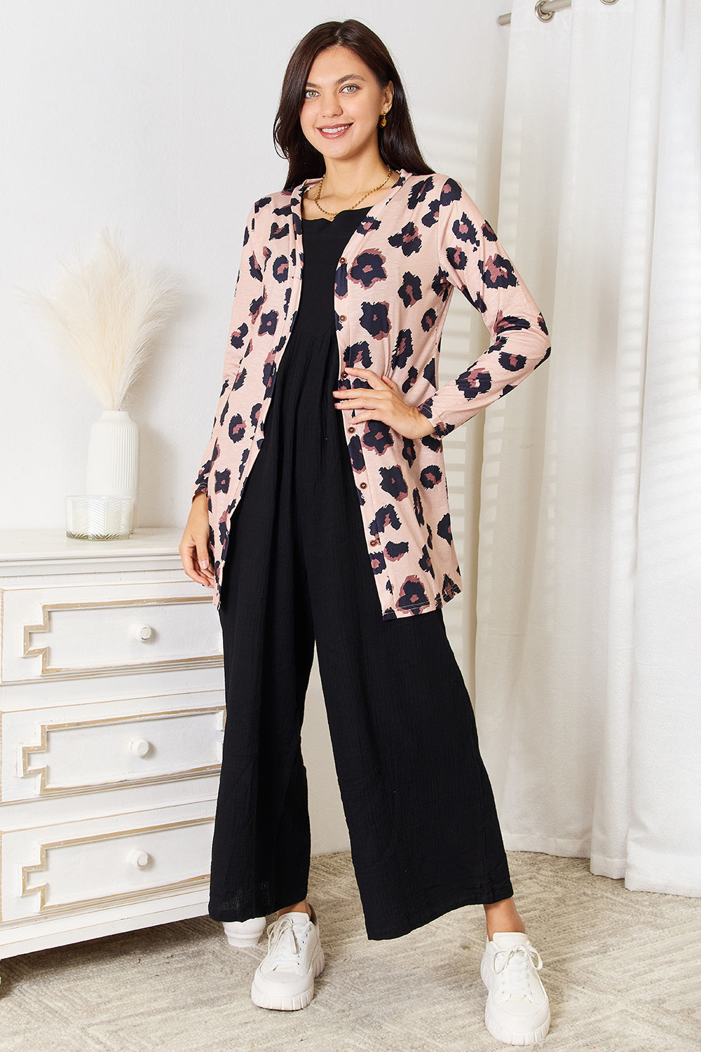 Double Take Printed Button Front Longline Cardigan - UrbanEthereal