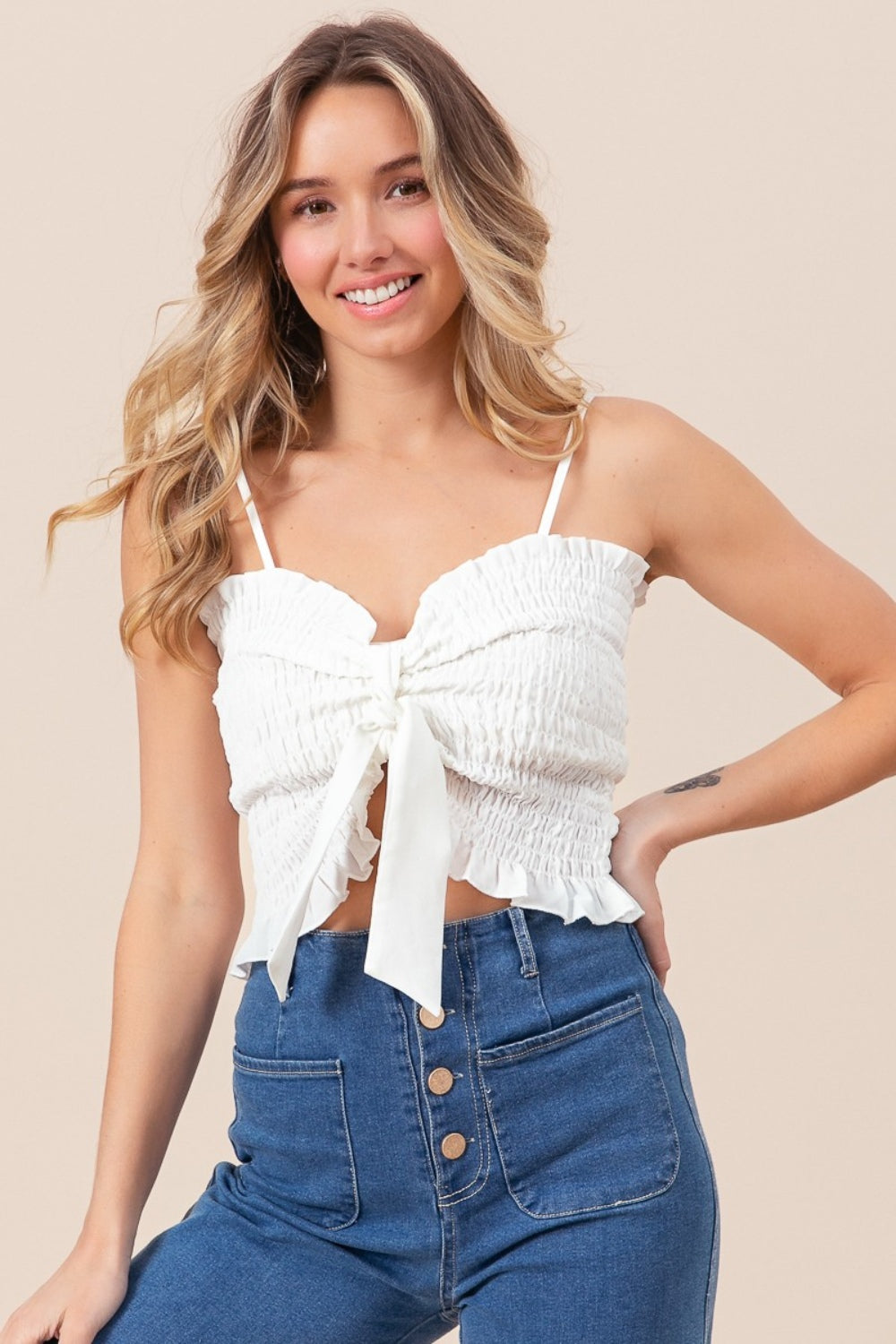 BiBi Ruffled Smocked Ribbon Detail Cami - UrbanEthereal