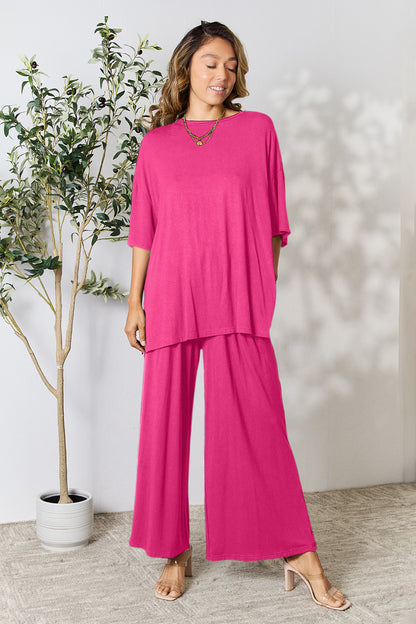 Double Take Full Size Round Neck Slit Top and Pants Set - UrbanEthereal