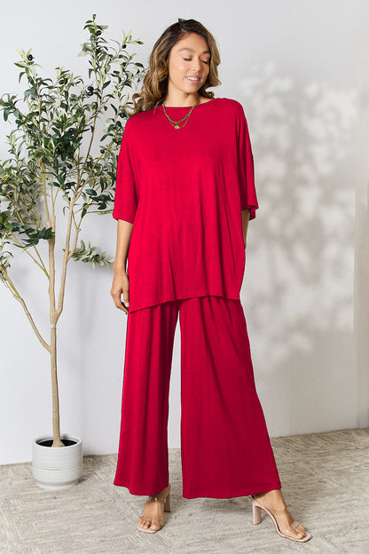 Double Take Full Size Round Neck Slit Top and Pants Set - UrbanEthereal