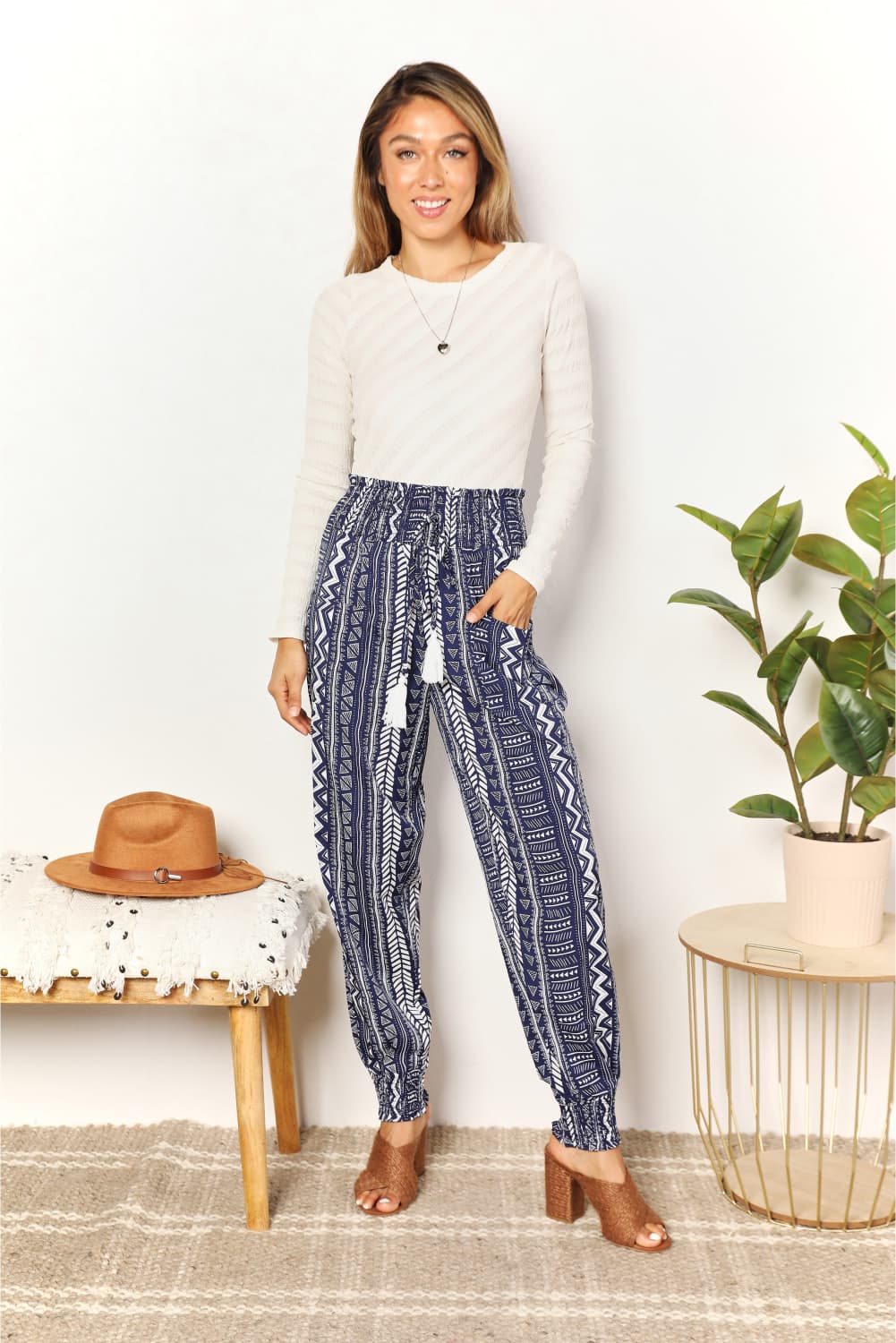 Geometric Print Tassel High-Rise Pants - UrbanEthereal