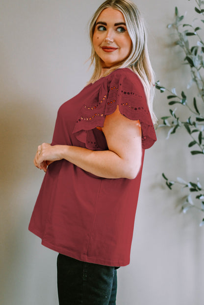Plus Size Eyelet Round Neck Short Sleeve Blouse - UrbanEthereal