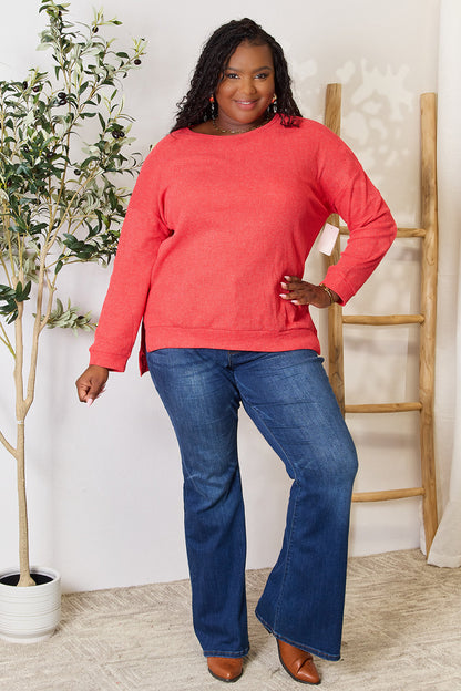 Basic Bae Round Neck Drop Shoulder Slit Sweatshirt - UrbanEthereal