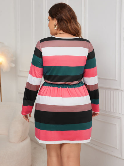 Plus Size Striped V-Neck Long Sleeve Mini Dress - UrbanEthereal