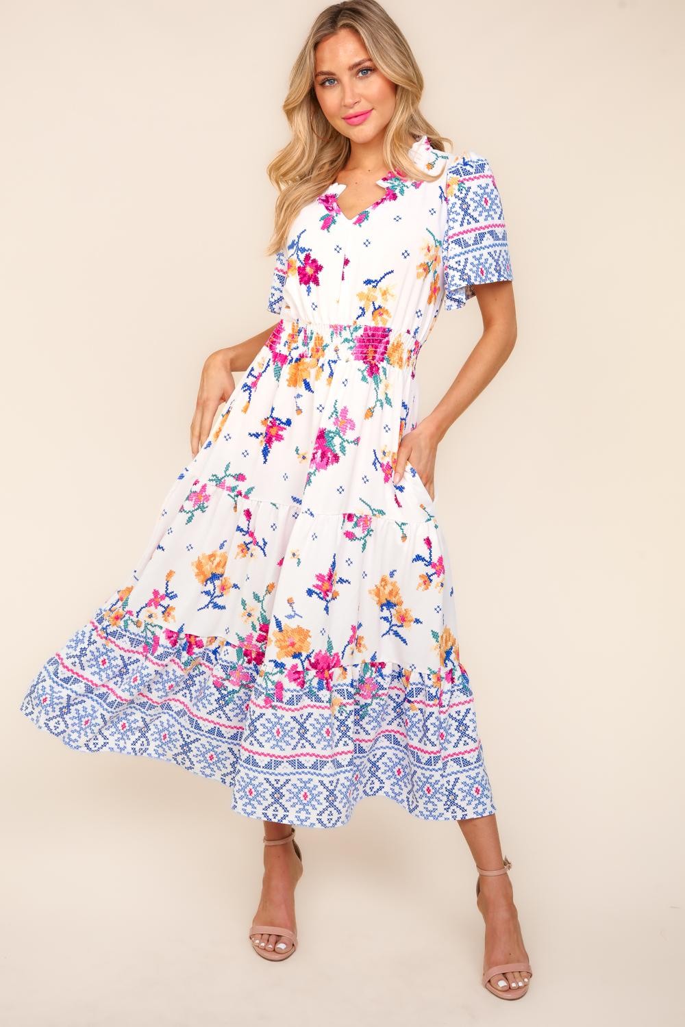 Haptics Printed Notched Short Sleeve Tiered Dress - UrbanEthereal