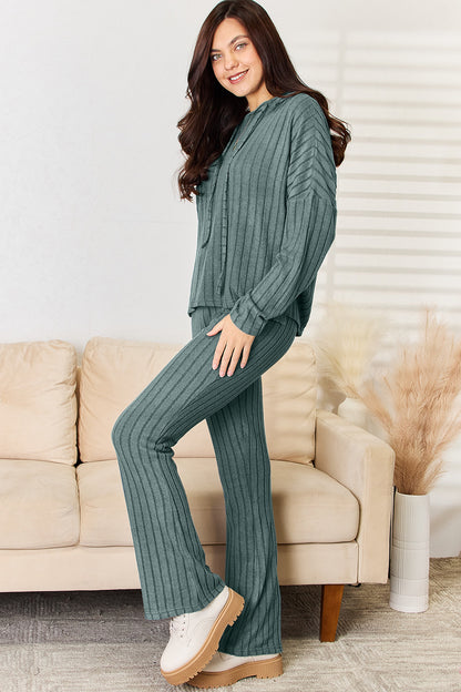 Basic Bae Full Size Ribbed Drawstring Hooded Top and Straight Pants Set - UrbanEthereal