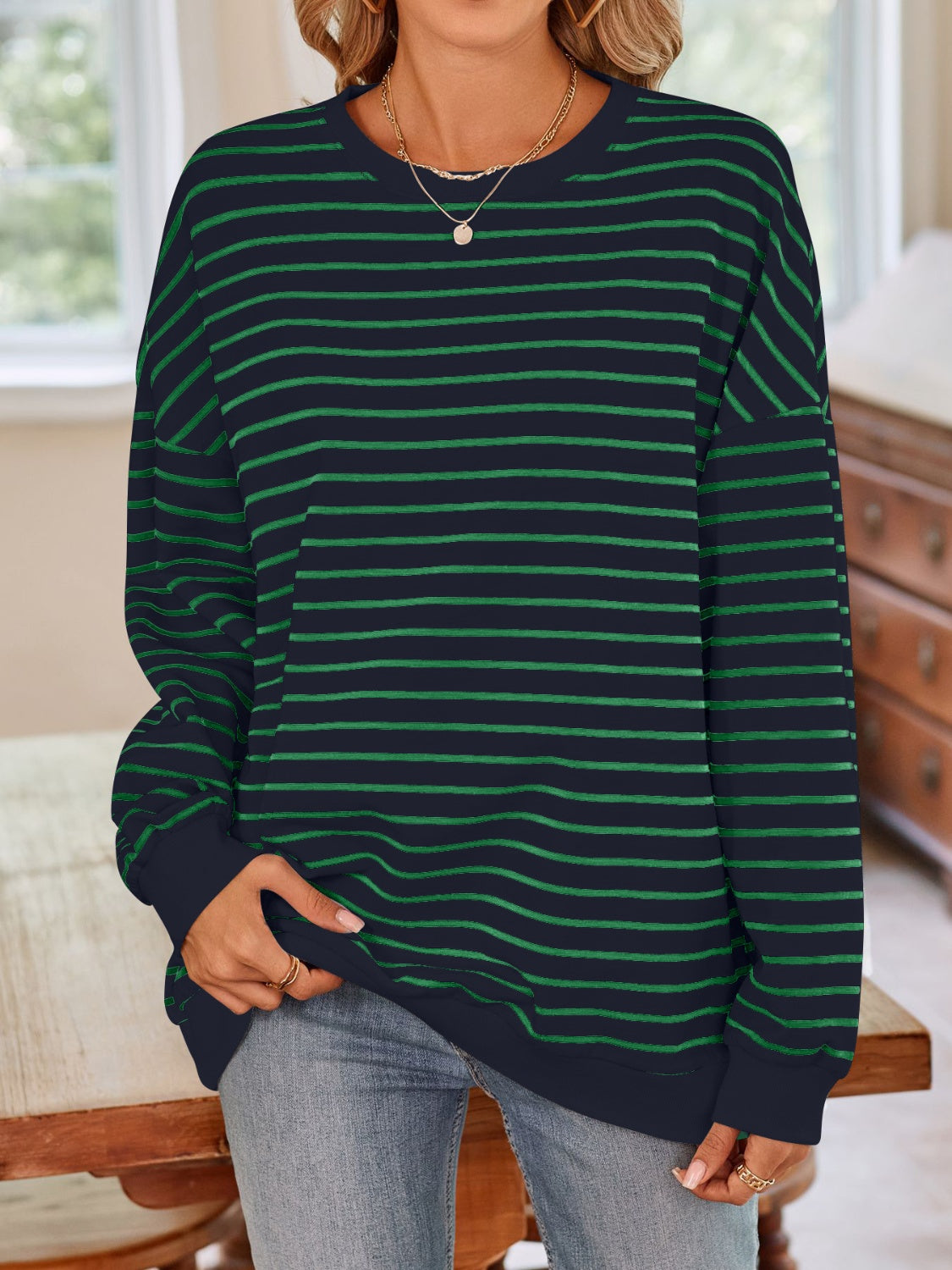 Lovelet Striped Round Neck Long Sleeve Sweatshirt