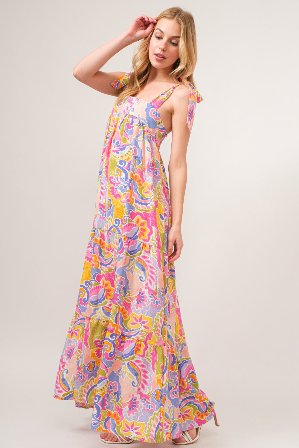 And The Why Full Size Printed Tie Shoulder Tiered Maxi Dress - UrbanEthereal