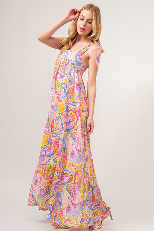 And The Why Full Size Printed Tie Shoulder Tiered Maxi Dress - UrbanEthereal