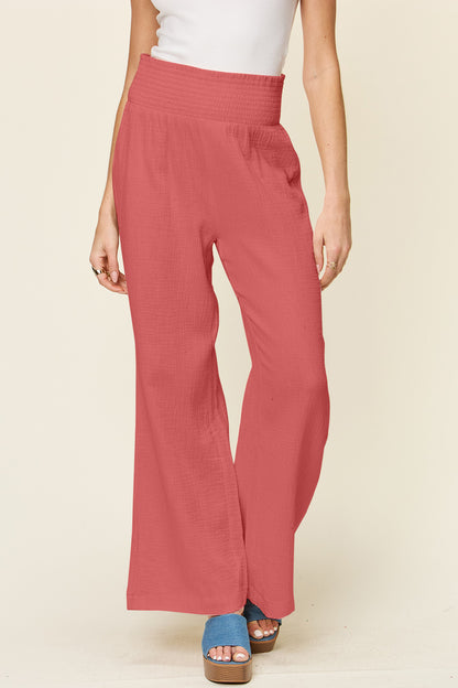 Double Take Full Size Texture Smocked Waist Wide Leg Pants - UrbanEthereal