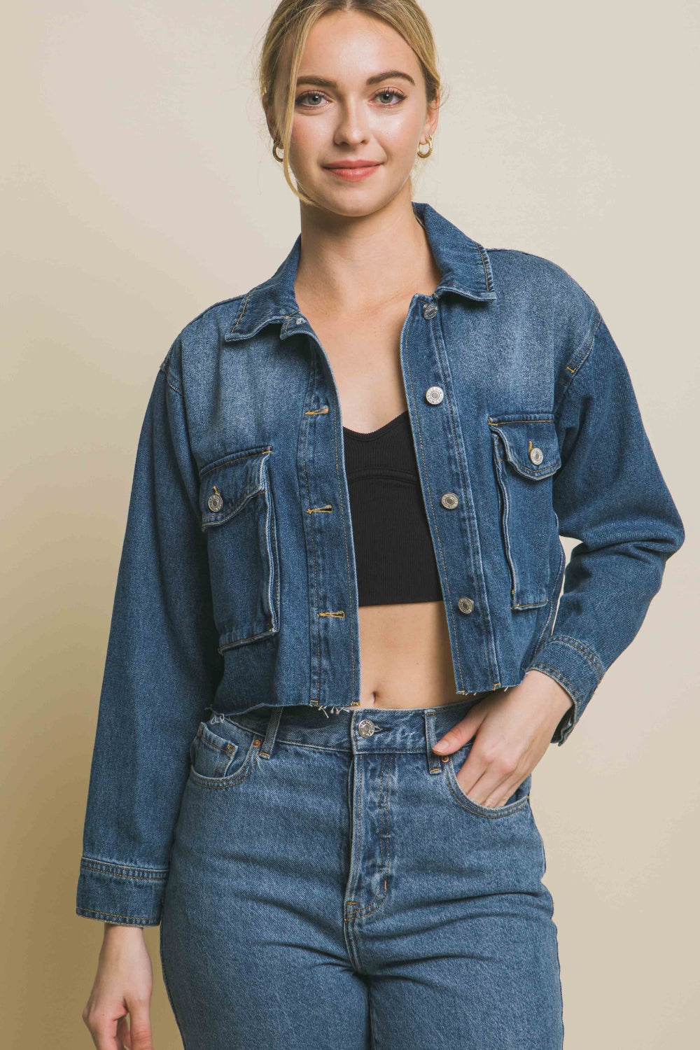 Love Tree Raw Hem Button Up Cropped Denim Jacket - UrbanEthereal