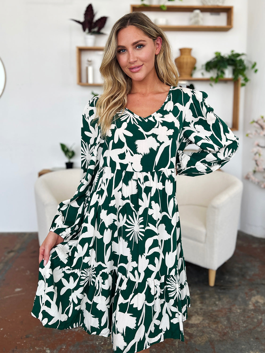 Double Take Full Size Printed Ruffle Hem Dress with Pocket - UrbanEthereal