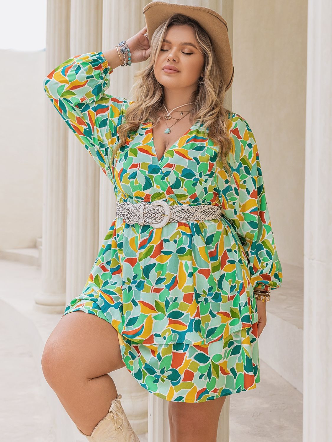 Plus Size Printed Surplice Long Sleeve Mini Dress - UrbanEthereal