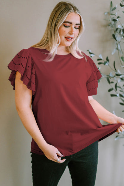 Plus Size Eyelet Round Neck Short Sleeve Blouse - UrbanEthereal