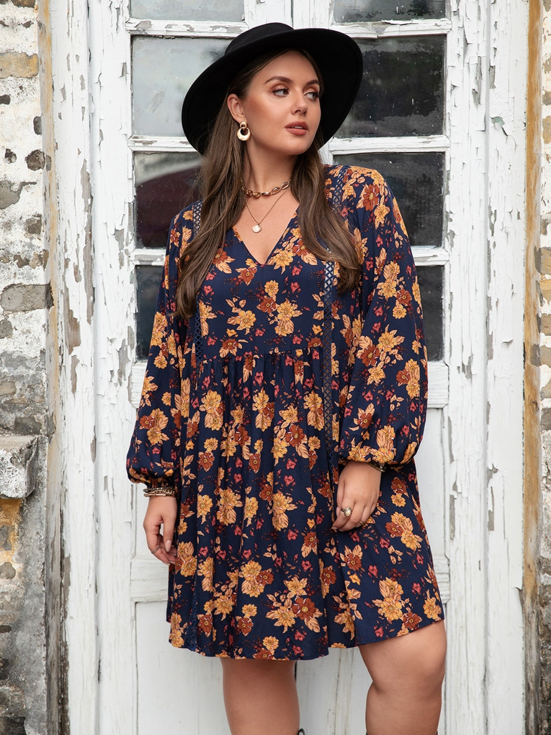 Plus Size Floral V-Neck Balloon Sleeve Dress - UrbanEthereal