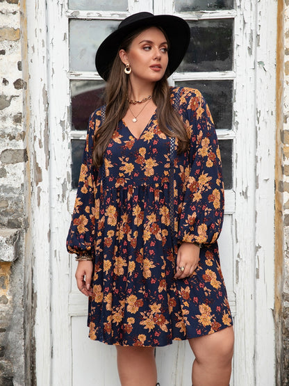 Plus Size Floral V-Neck Balloon Sleeve Dress - UrbanEthereal