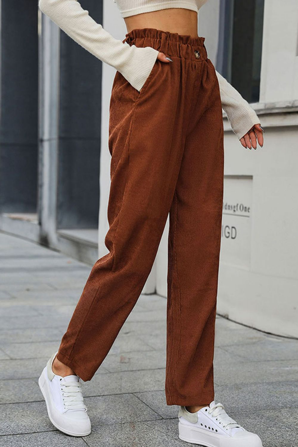 Perfee Paperbag Waist Straight Leg Pants with Pockets