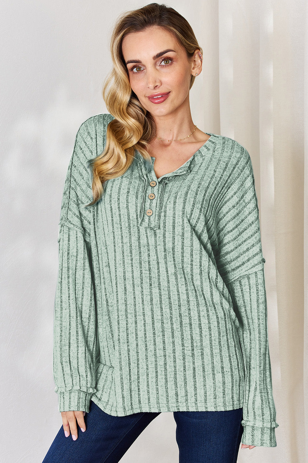 Basic Bae Full Size Ribbed Half Button Long Sleeve T-Shirt - UrbanEthereal