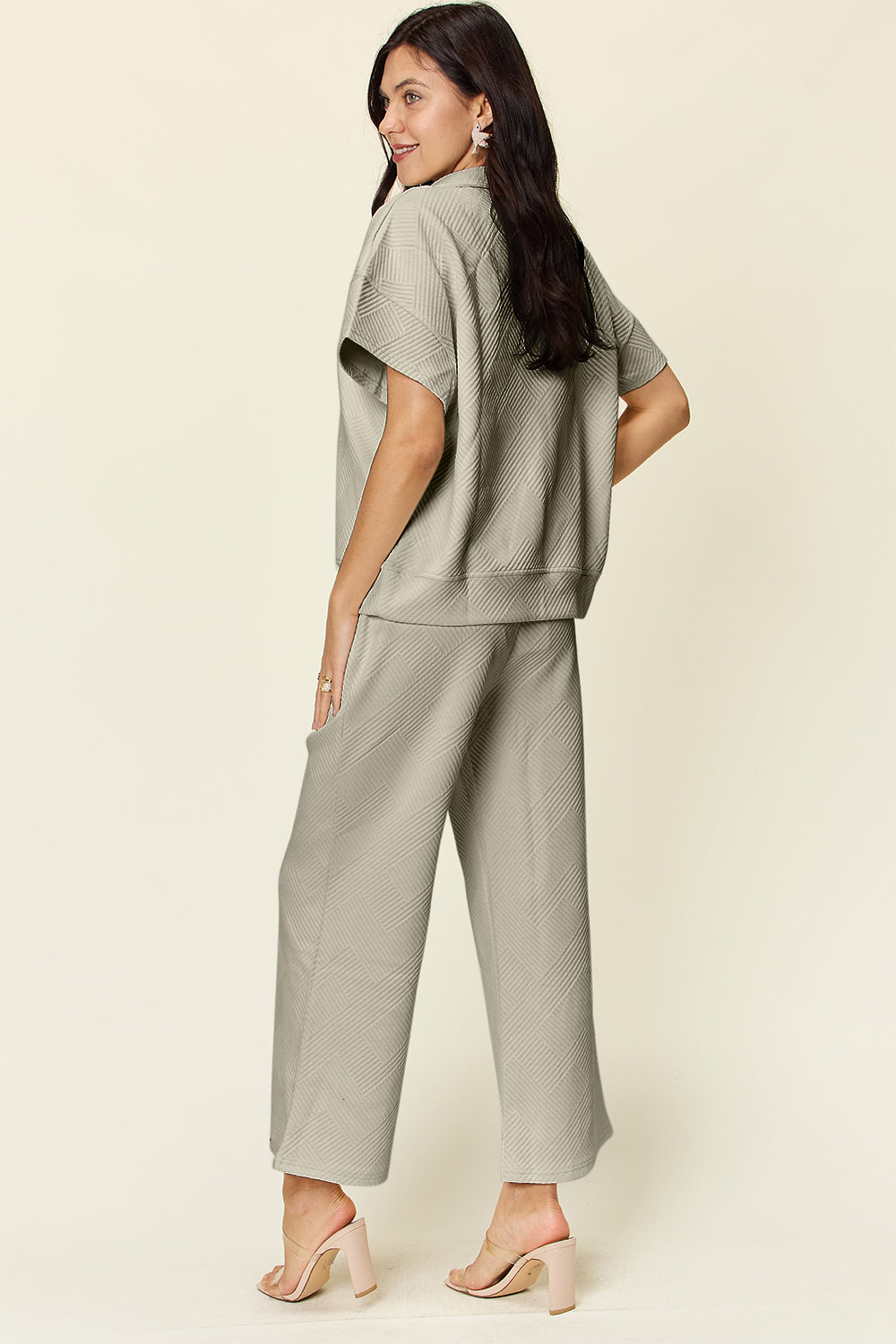 Double Take Full Size Texture Half Zip Short Sleeve Top and Pants Set - UrbanEthereal