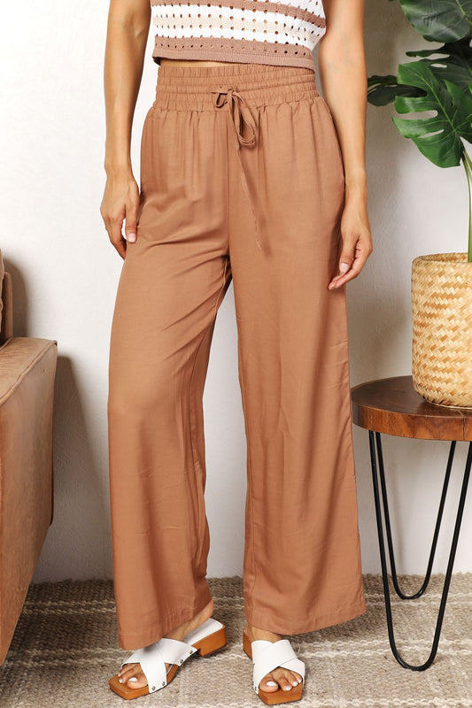 Double Take Drawstring Smocked Waist Wide Leg Pants - UrbanEthereal