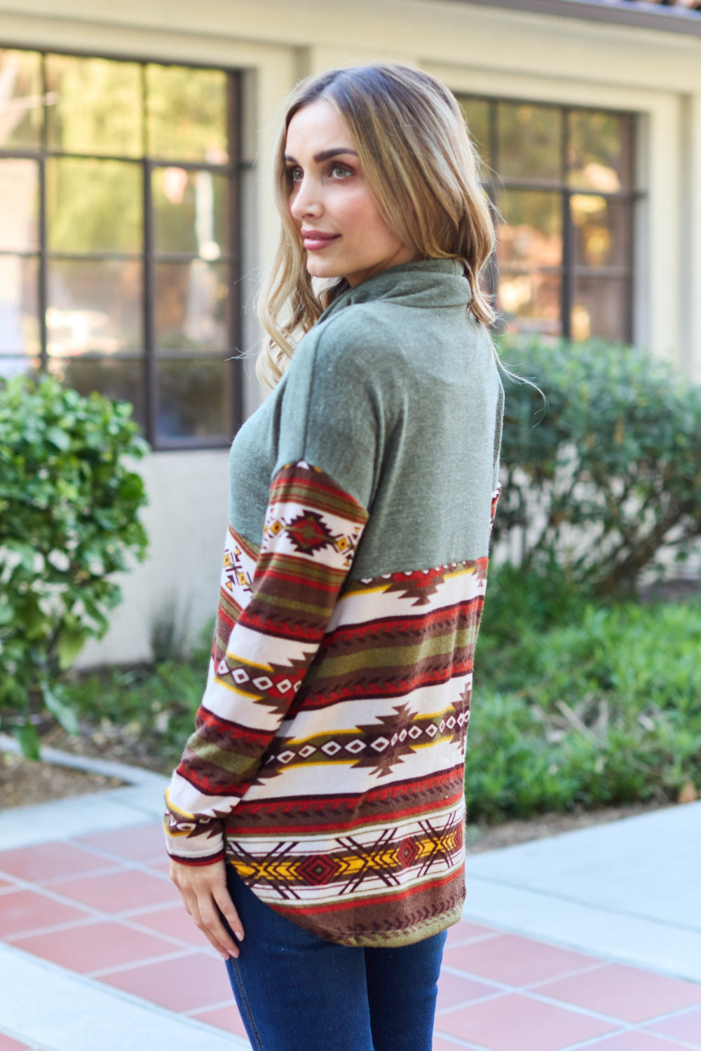 Celeste Design Full Size Geometric Turtleneck Drawstring Knit Top - UrbanEthereal
