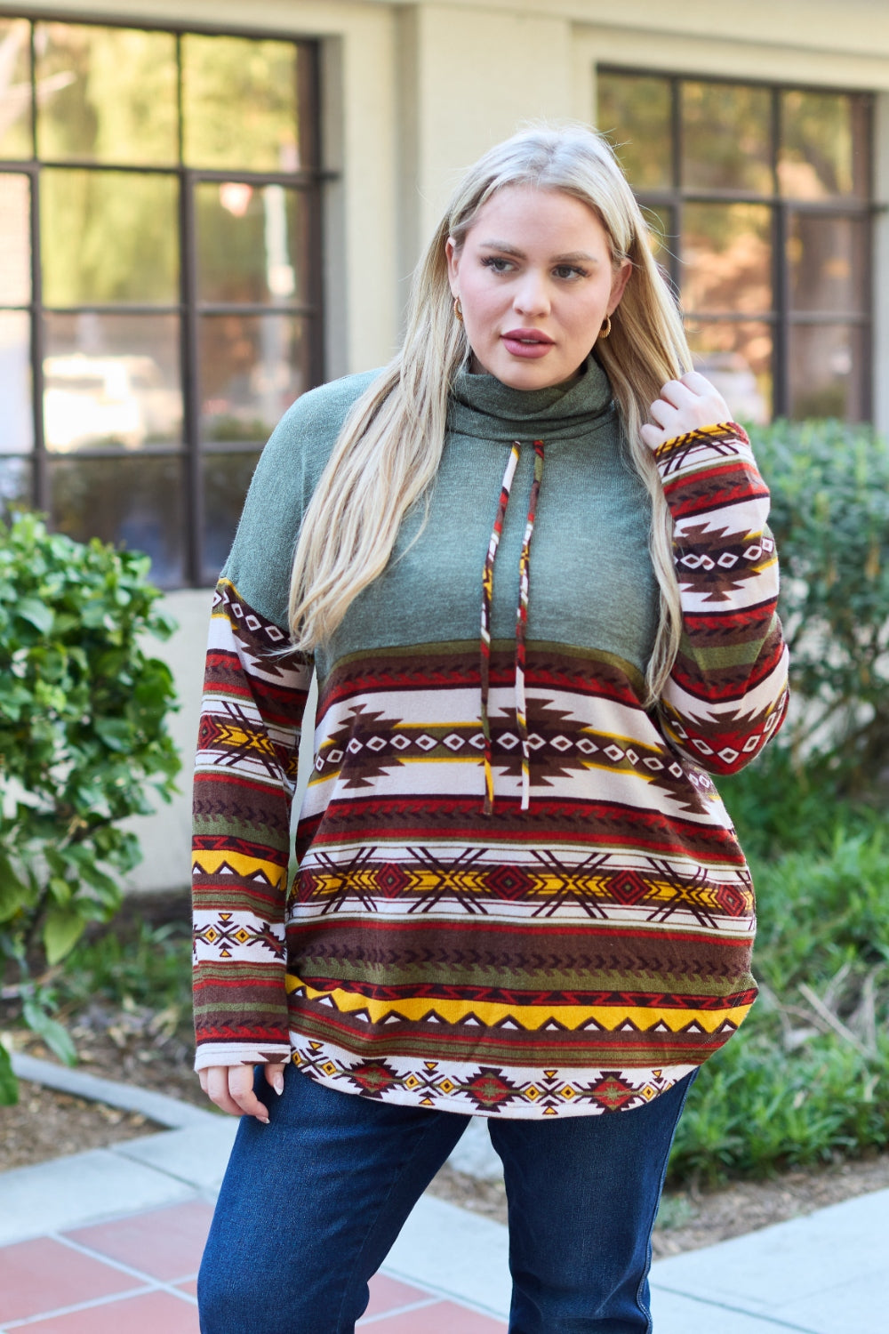 Celeste Design Full Size Geometric Turtleneck Drawstring Knit Top - UrbanEthereal