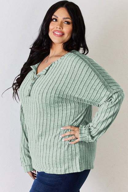 Basic Bae Full Size Ribbed Half Button Long Sleeve T-Shirt - UrbanEthereal