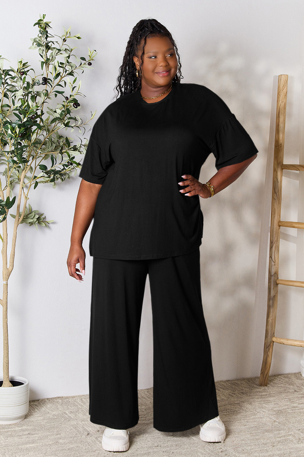 Double Take Full Size Round Neck Slit Top and Pants Set - UrbanEthereal
