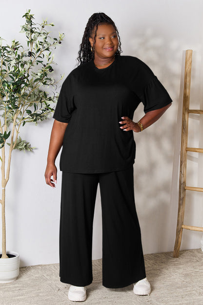 Double Take Full Size Round Neck Slit Top and Pants Set - UrbanEthereal